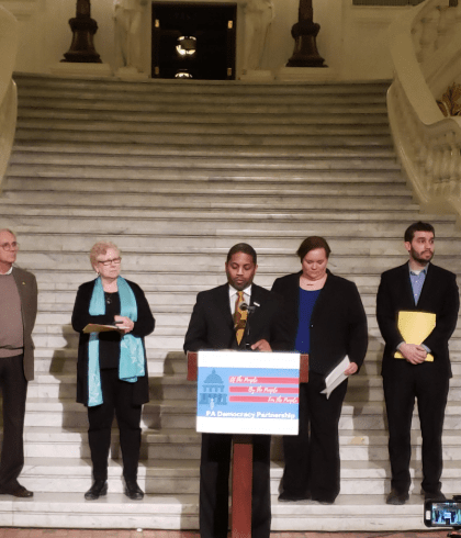 Common Cause PA Micah Sims while speaking at the Democracy Partnership Press Conference